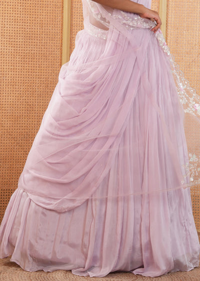 Light Lavender Silk/Chinnon Embroidered Fusion/Indo-Western Lehenga