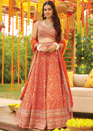 Rust Georgette Zari Sequence & Stone Work Lehenga Set