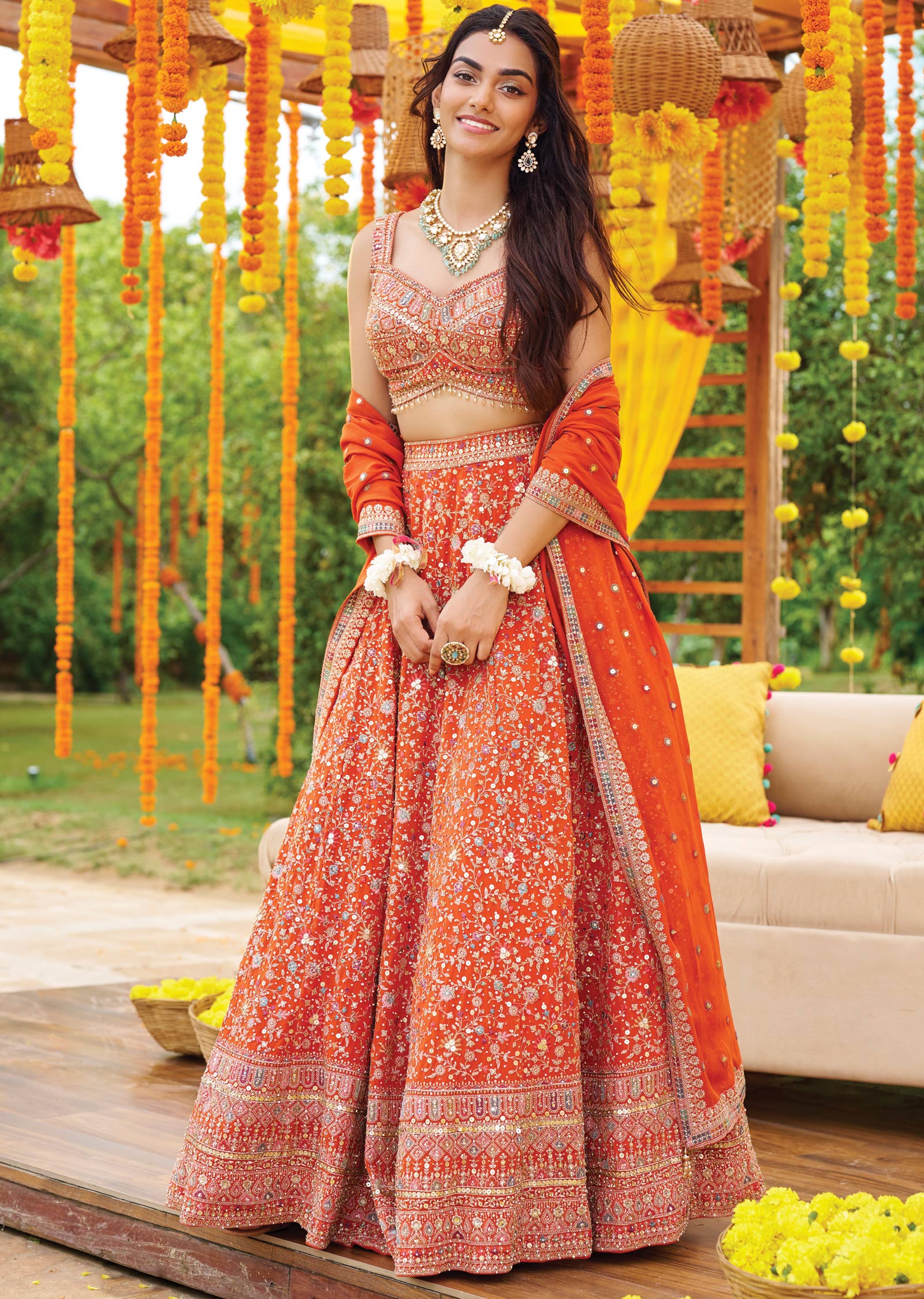 Rust Georgette Zari Sequence & Stone Work Lehenga Set