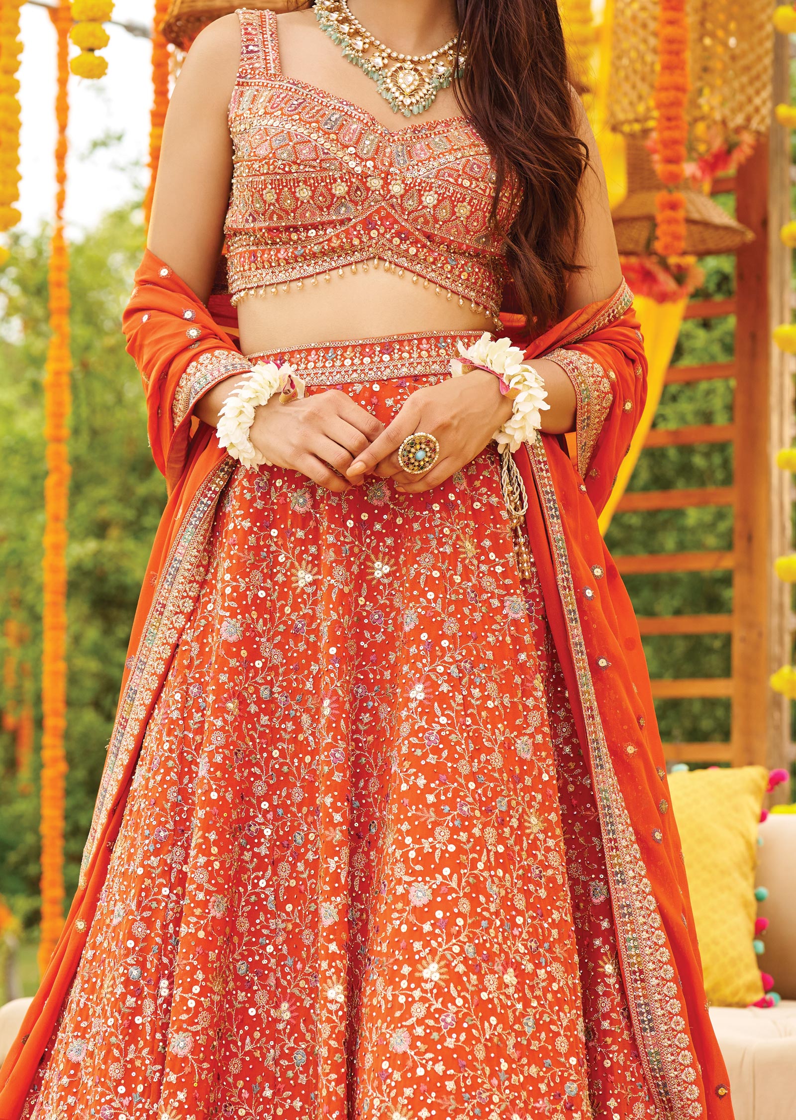 Rust Georgette Zari Sequence & Stone Work Lehenga Set