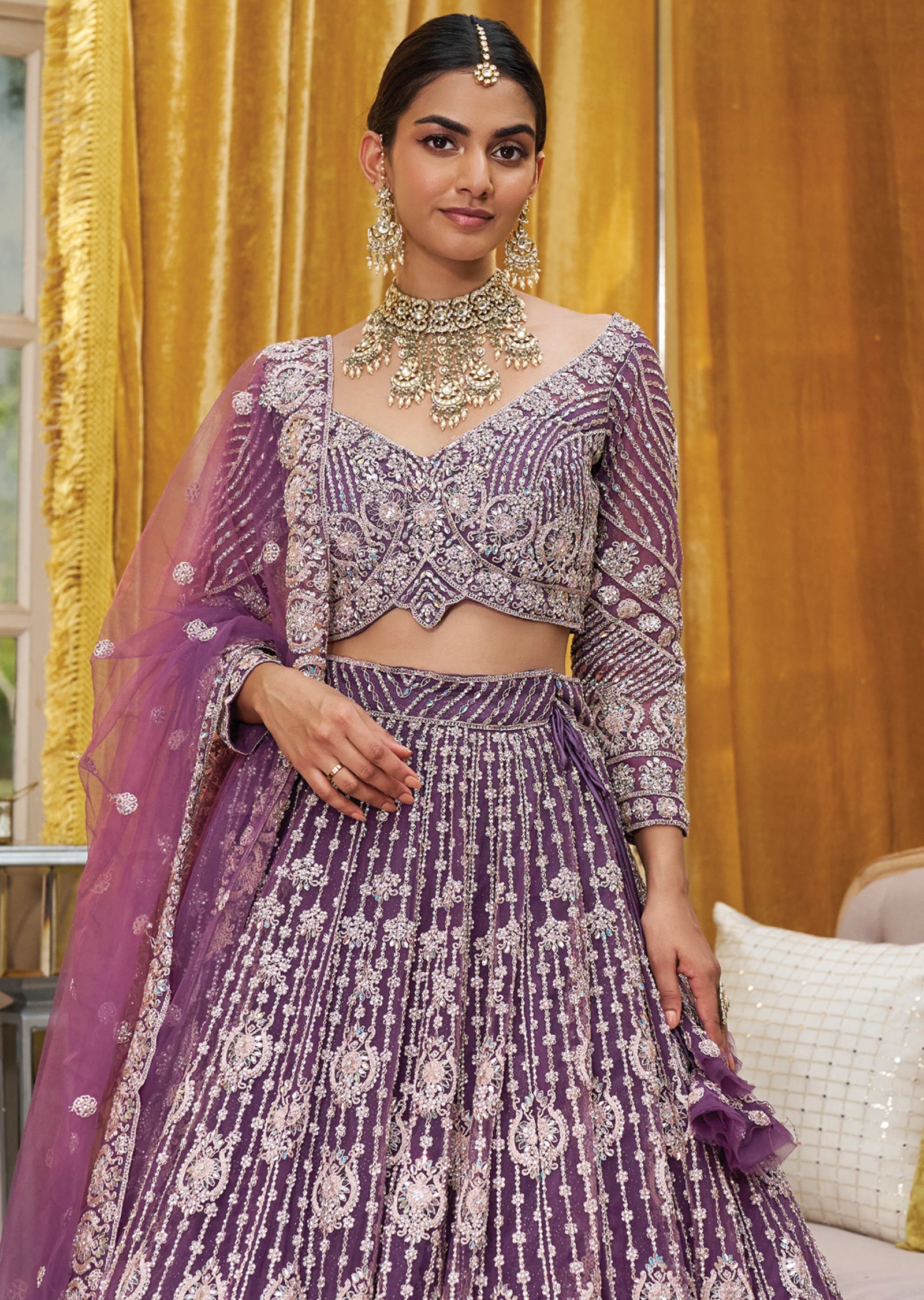 Dusty Purple Net Mirror & Stone Work Lehenga Set