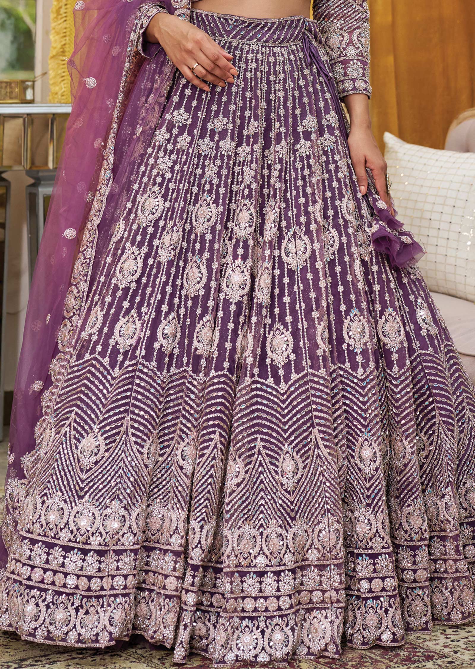 Dusty Purple Net Mirror & Stone Work Lehenga Set