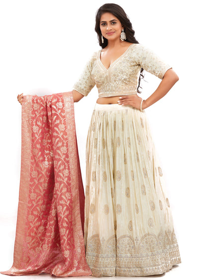 Cream Tissue Silk Lehenga Set