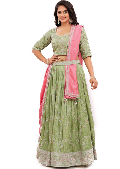 Light Mehndi Green Silk Lehenga Set