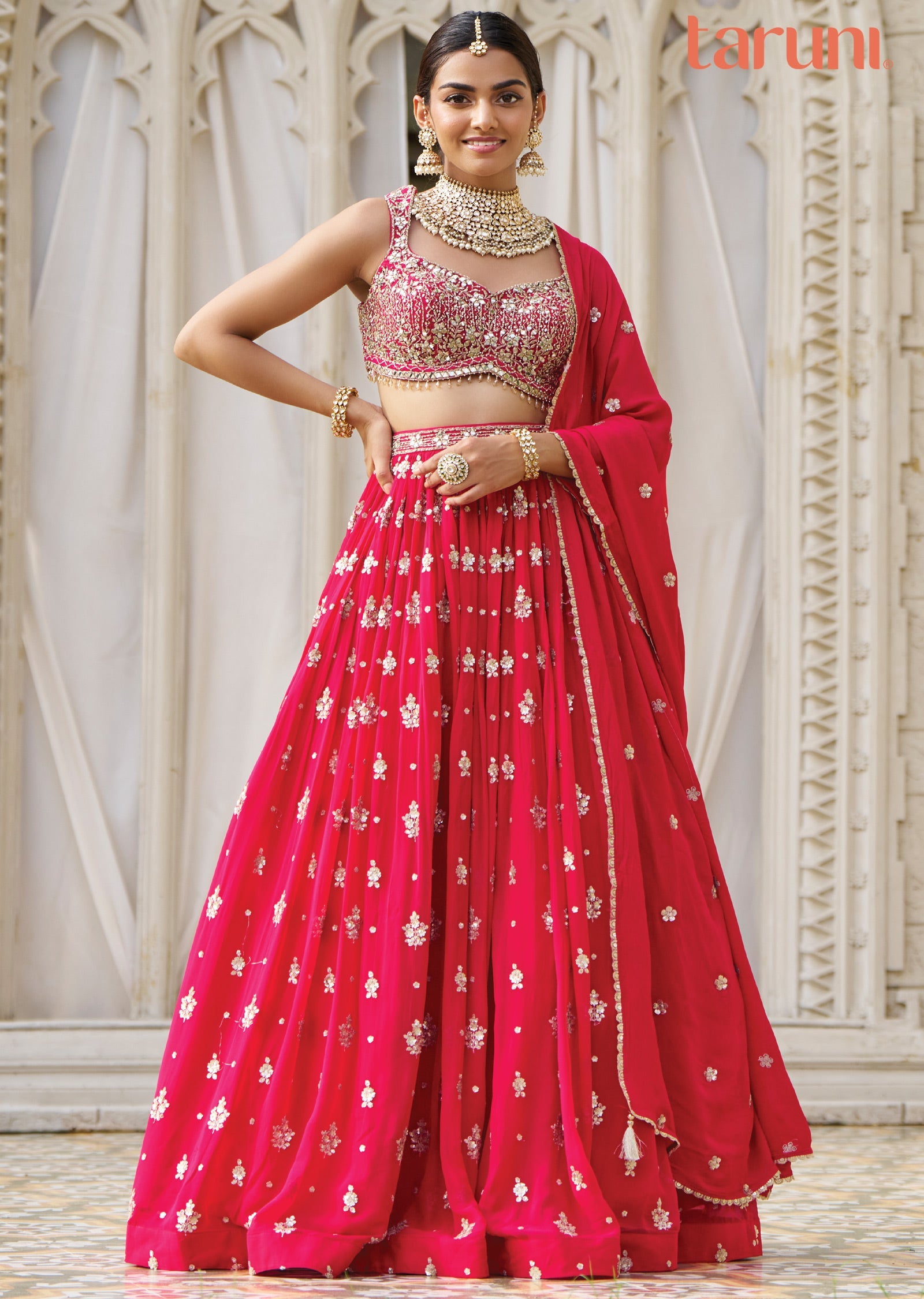 Rani Pink Net & Georgette Sequence & Mirror Work Lehenga Set