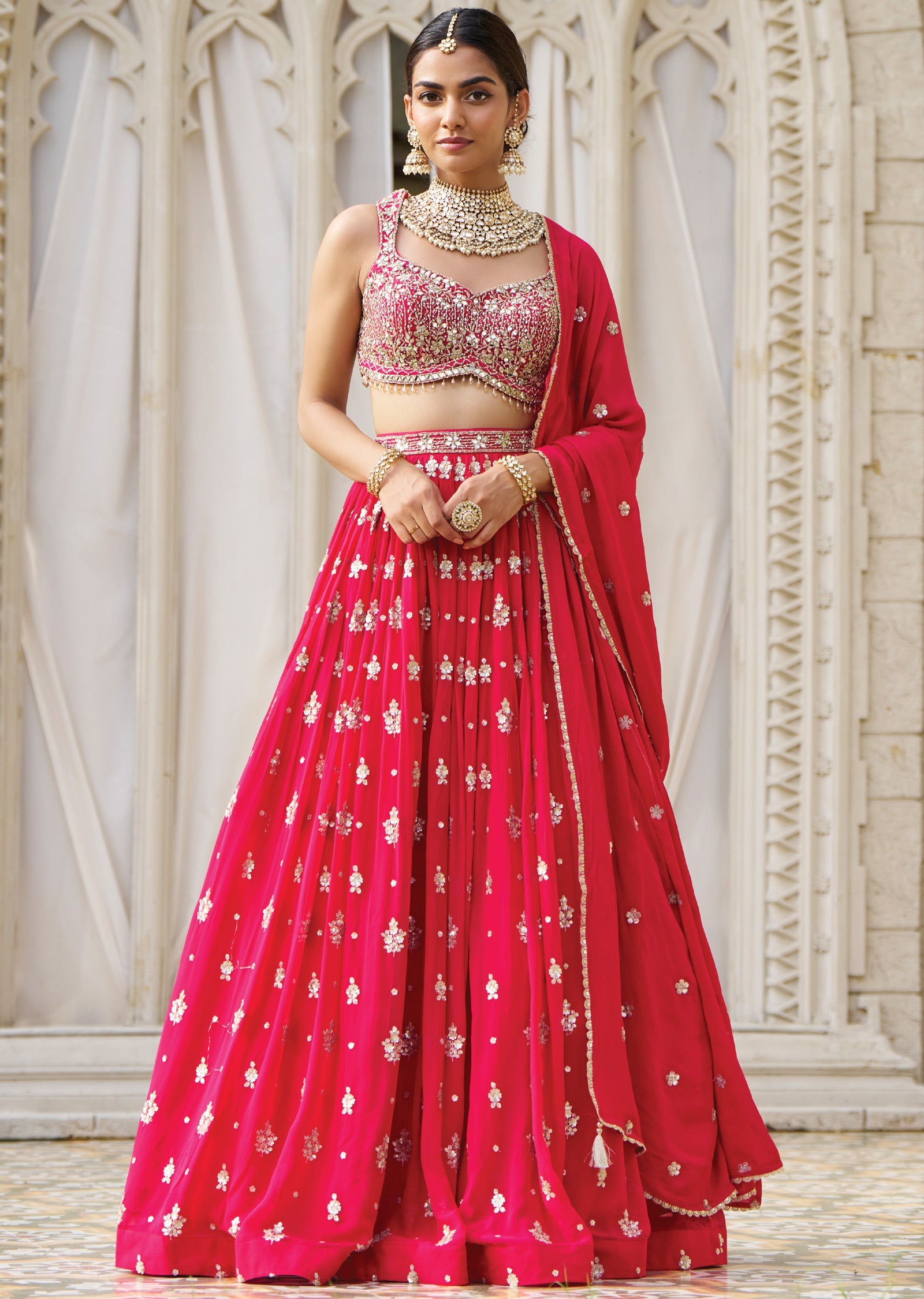 Rani Pink Net & Georgette Sequence & Mirror Work Lehenga Set