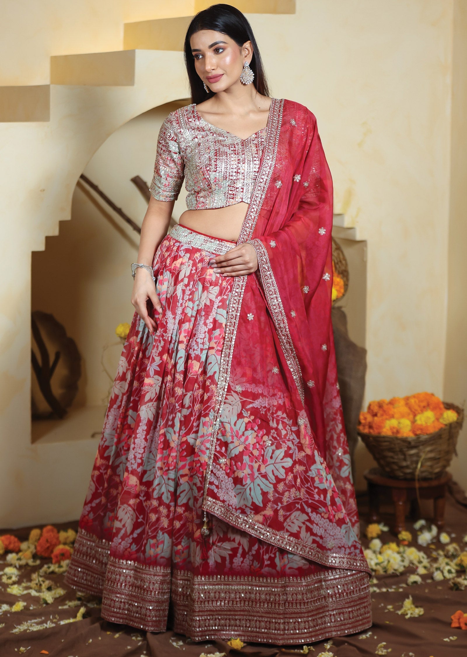 Maroon Georgette/Organza Lehenga Set