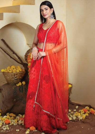 Red Organza Lehenga Set