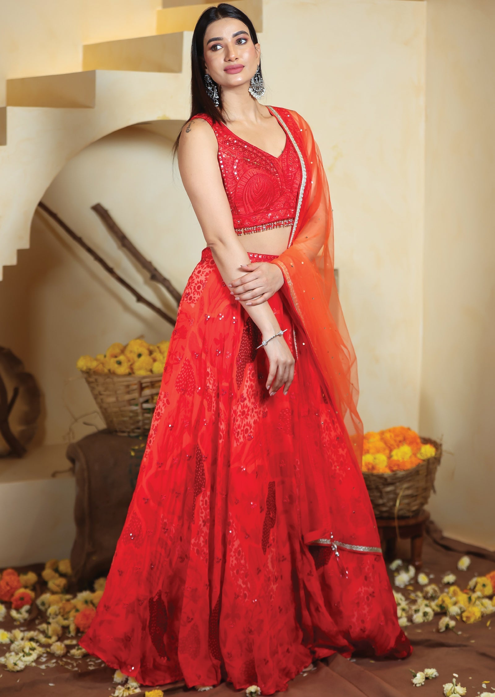 Red Organza Lehenga Set