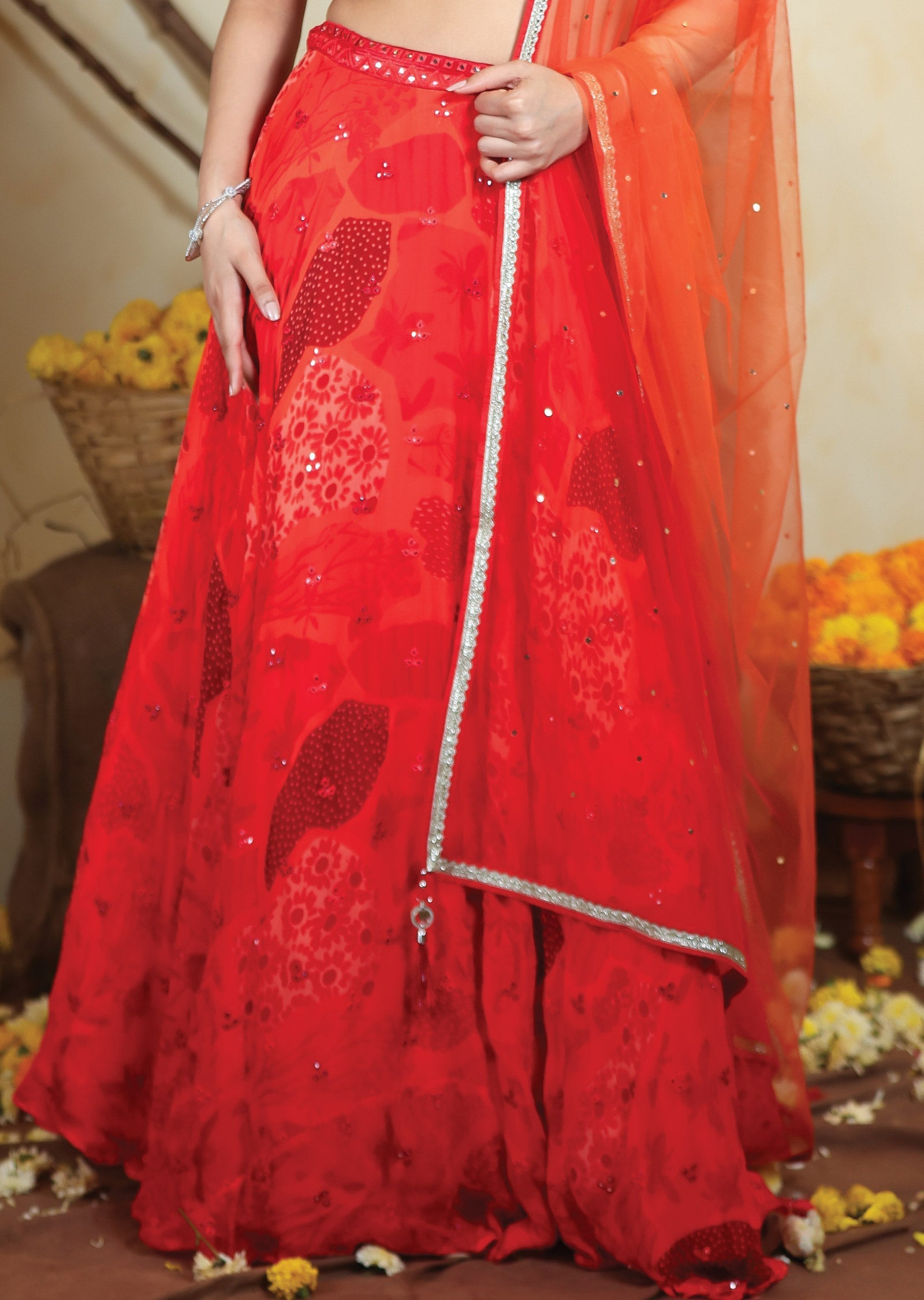 Red Organza Lehenga Set