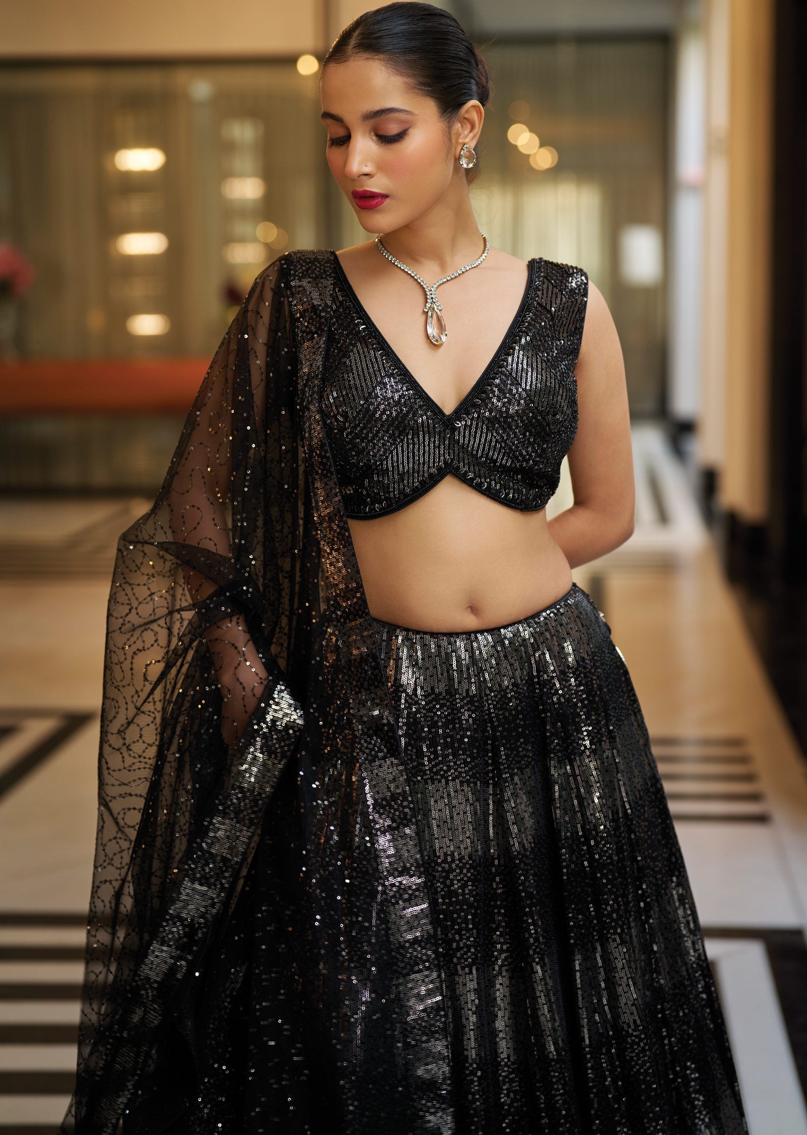 Black Net/Georgette Lehenga Set