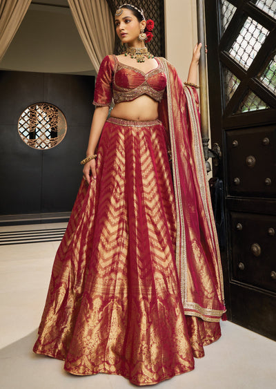 Maroon Banarasi Tissue Silk Lehenga Set