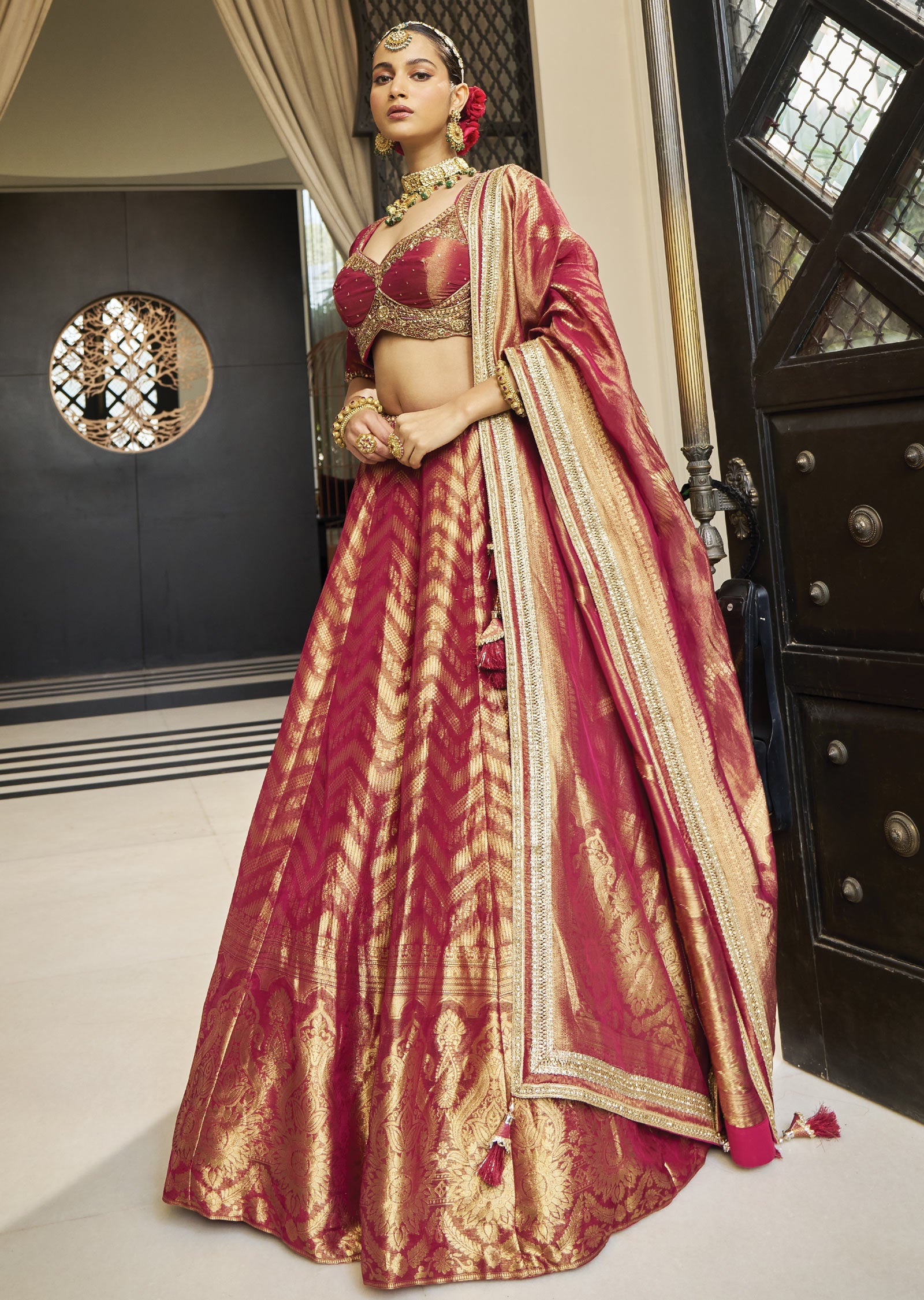 Maroon Banarasi Tissue Silk Lehenga Set