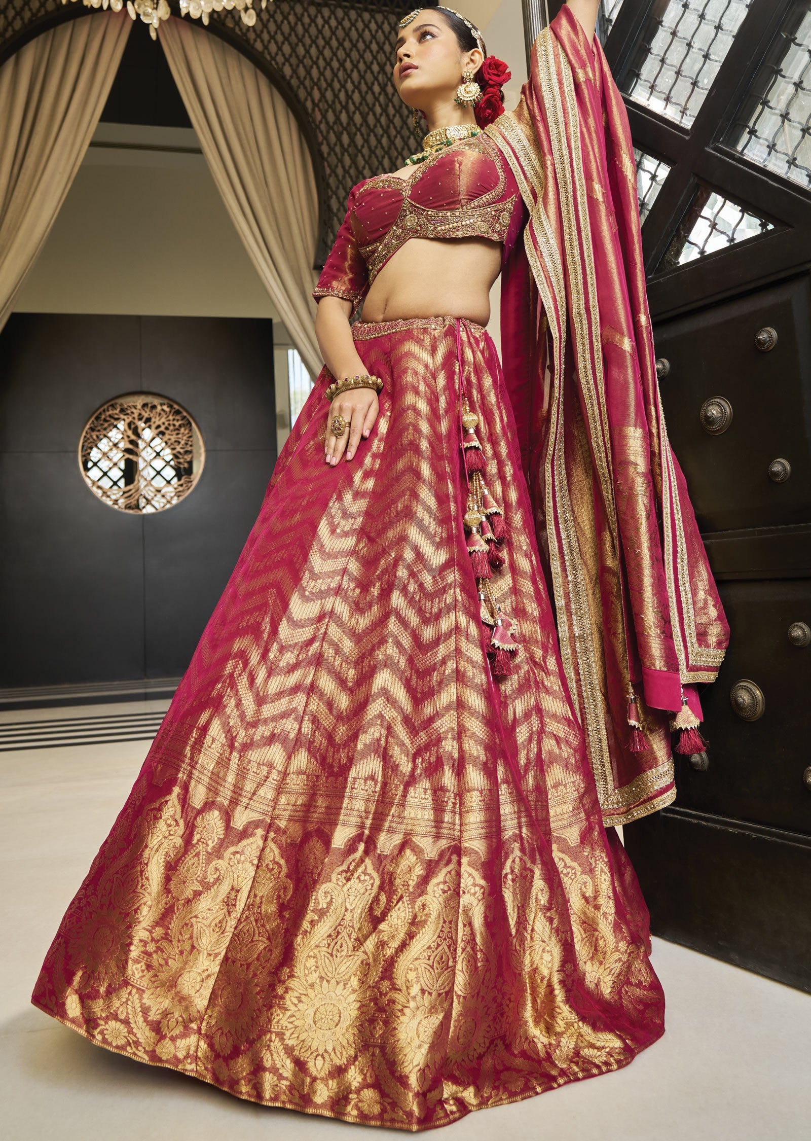 Maroon Banarasi Tissue Silk Lehenga Set