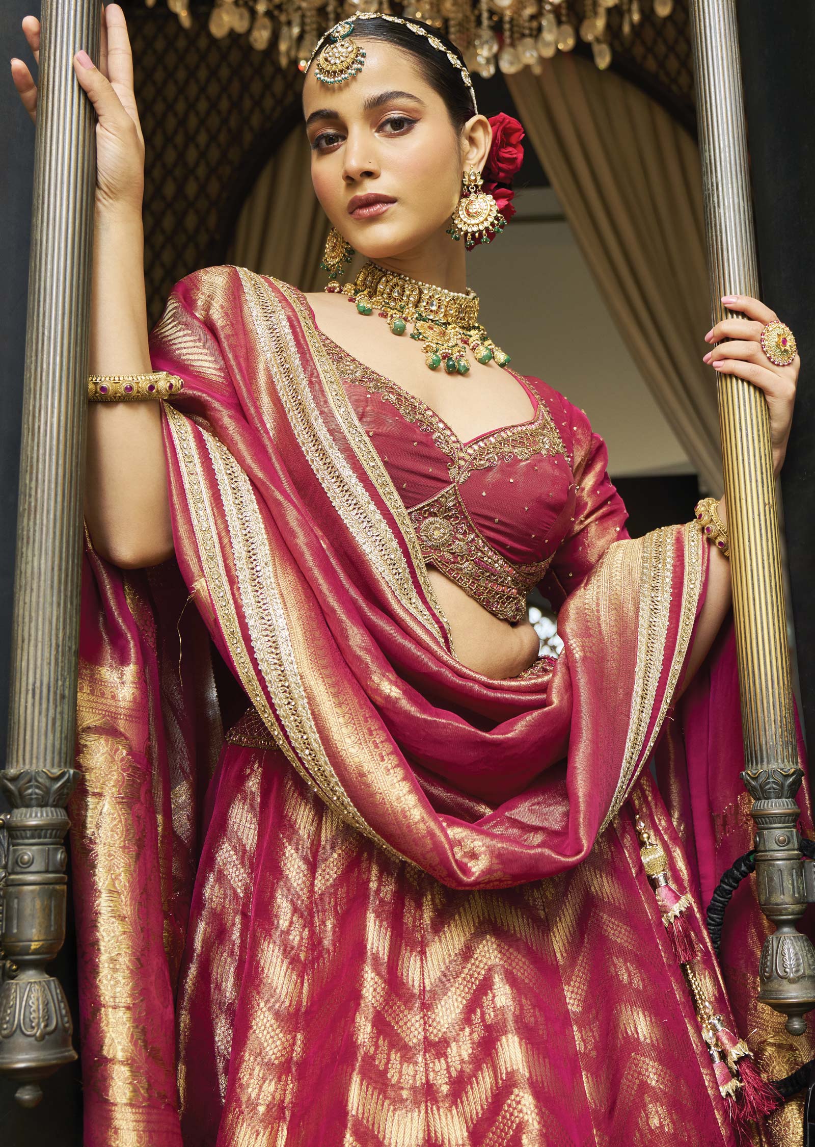 Maroon Banarasi Tissue Silk Lehenga Set