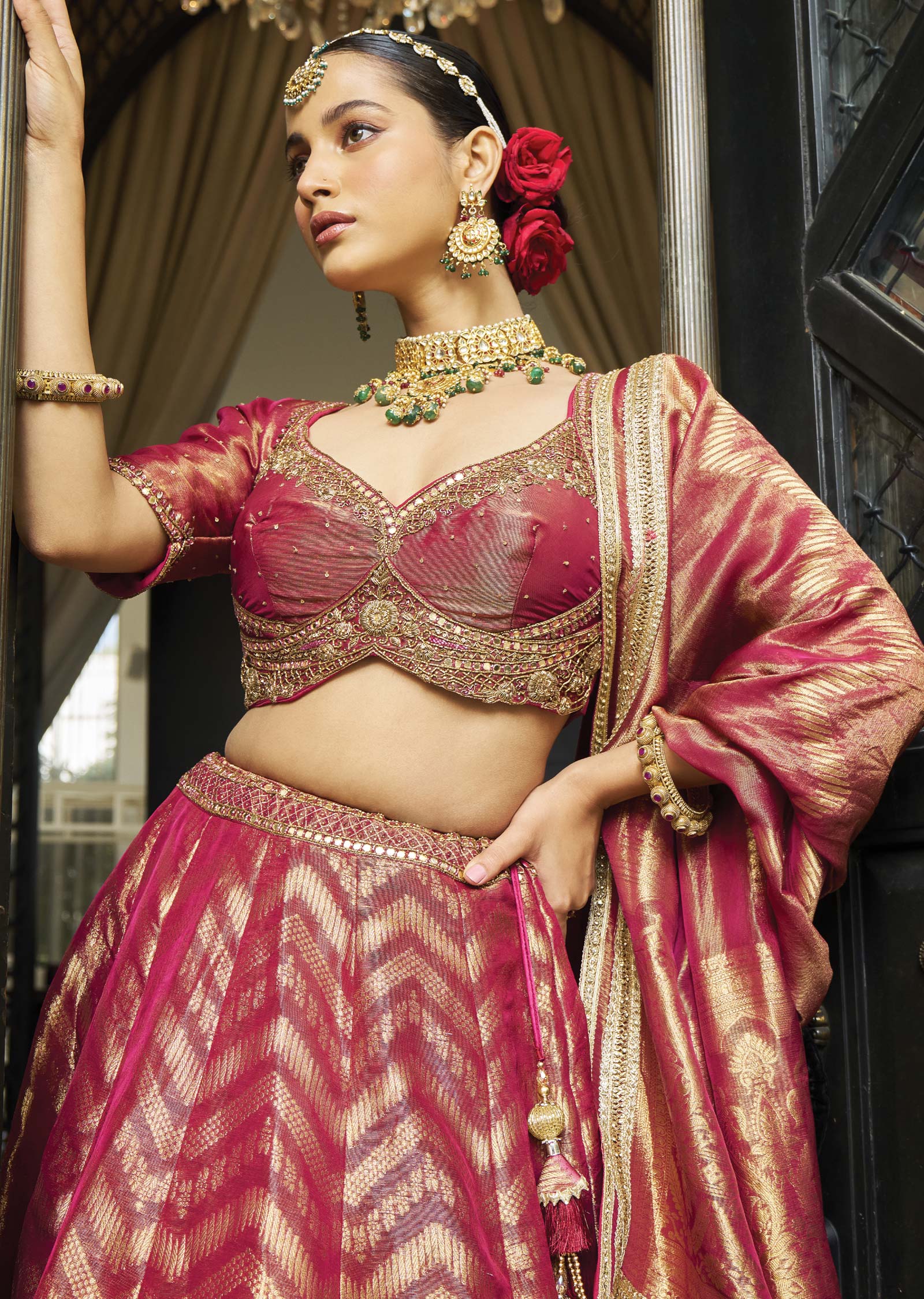 Maroon Banarasi Tissue Silk Lehenga Set