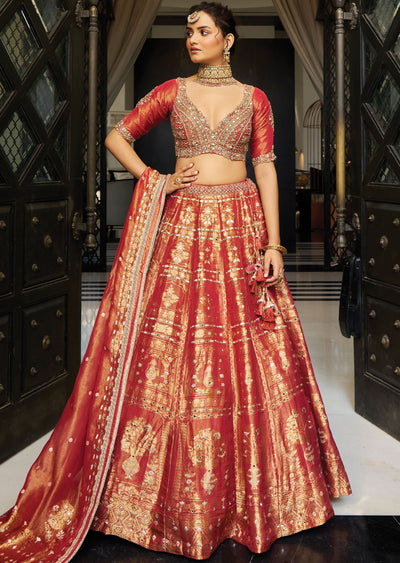 Rust Banarasi Tissue Silk Lehenga Set