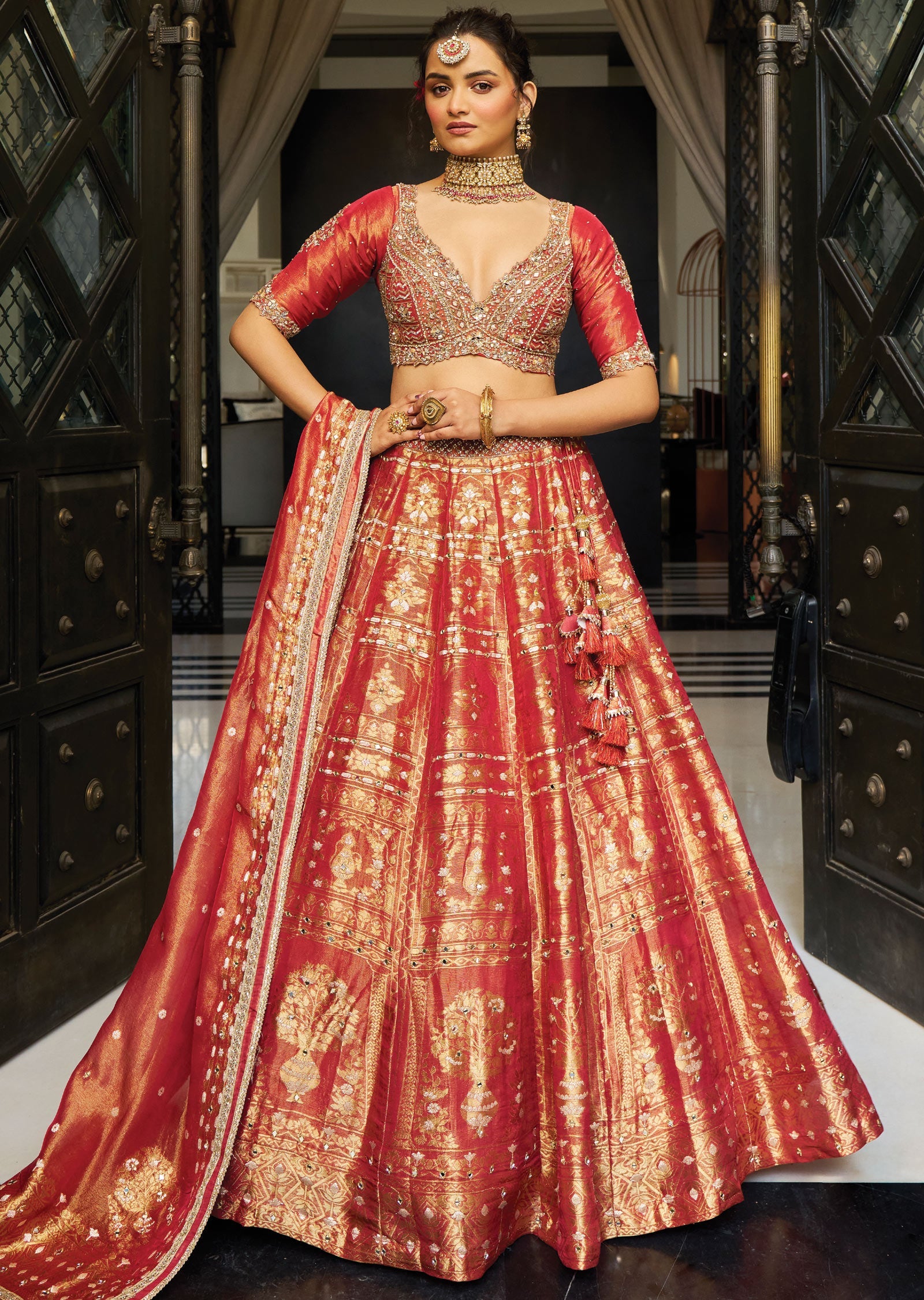 Rust Banarasi Tissue Silk Lehenga Set