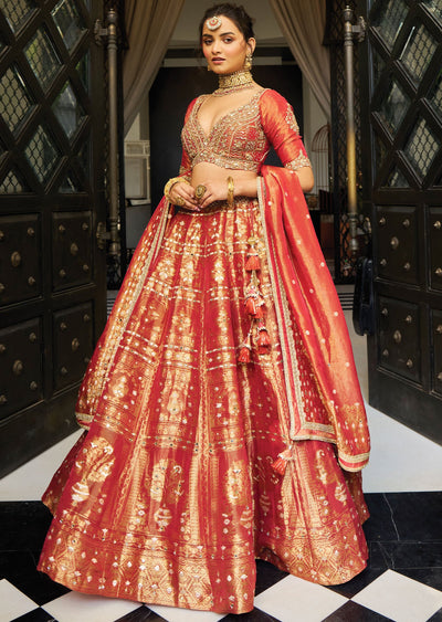 Rust Banarasi Tissue Silk Lehenga Set