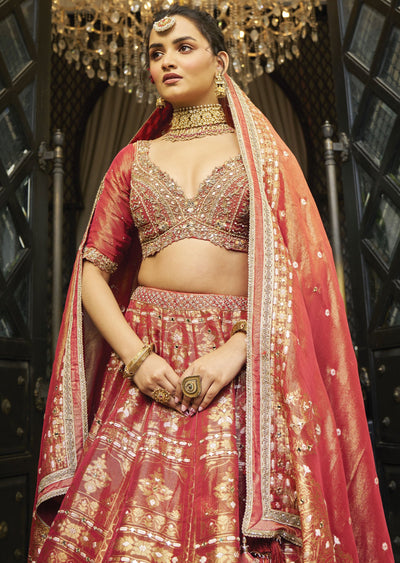 Rust Banarasi Tissue Silk Lehenga Set