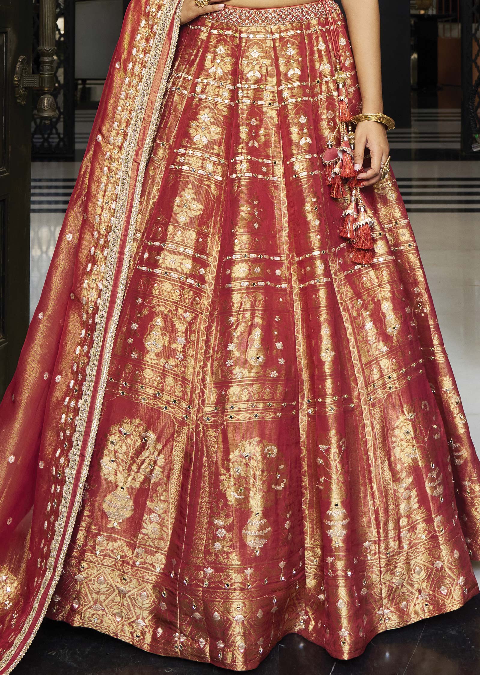 Rust Banarasi Tissue Silk Lehenga Set