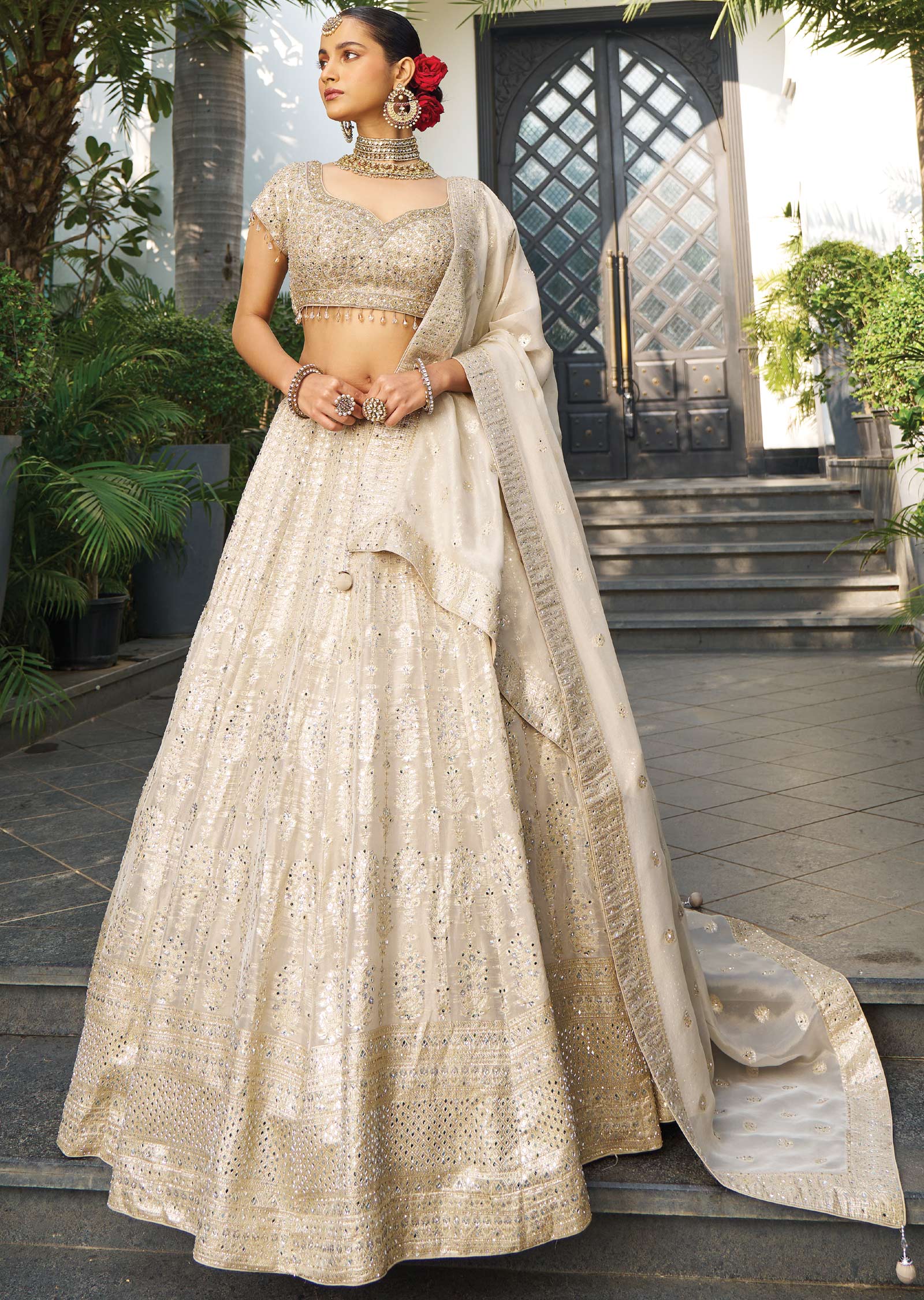 Beige Banarasi Tissue Silk Lehengas