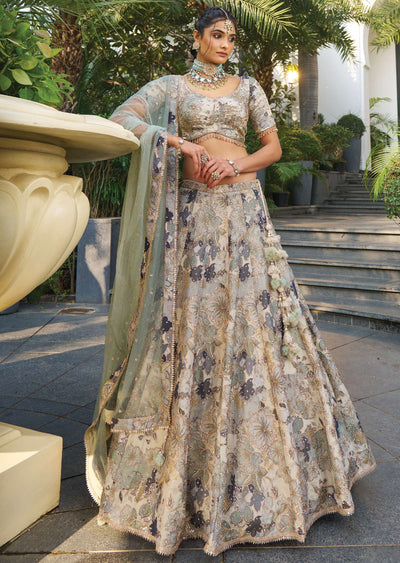 Dusty Green Tissue Silk Lehengas