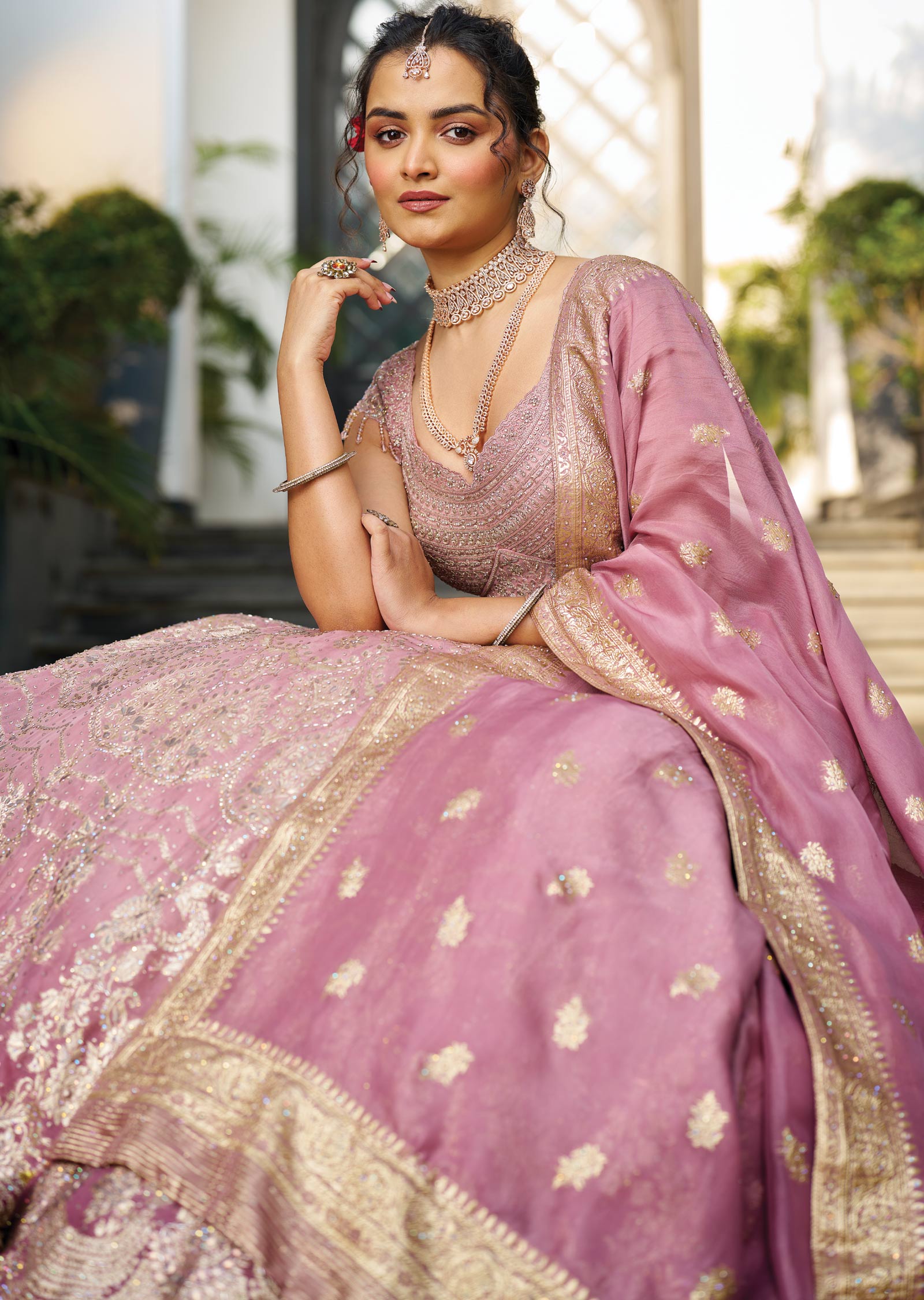 Onion Pink Net/ Banarasi Lehengas