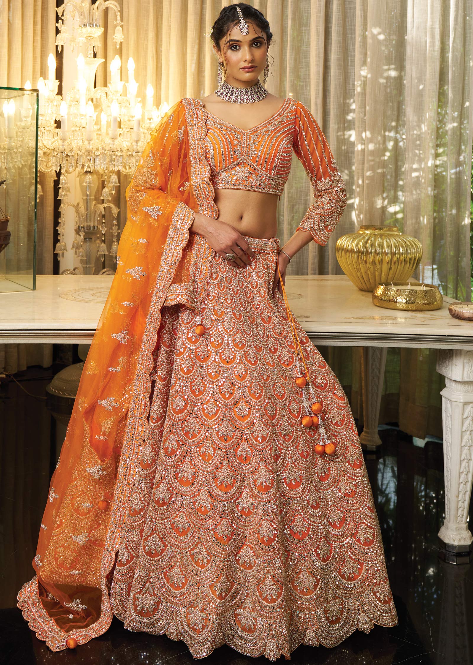 Orange Net Lehenga Set