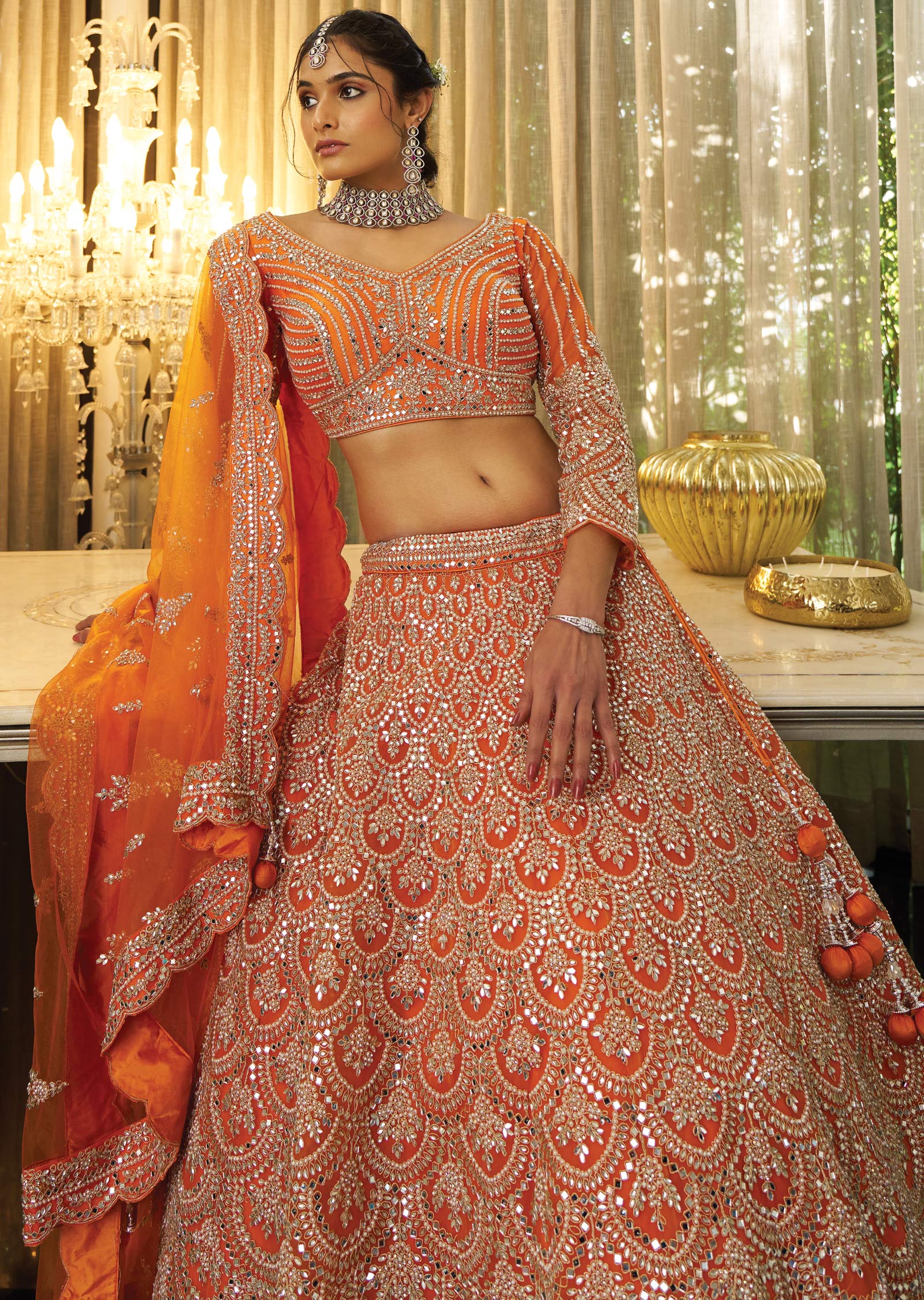 Orange Net Lehenga Set