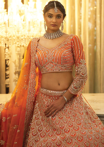 Orange Net Lehenga Set