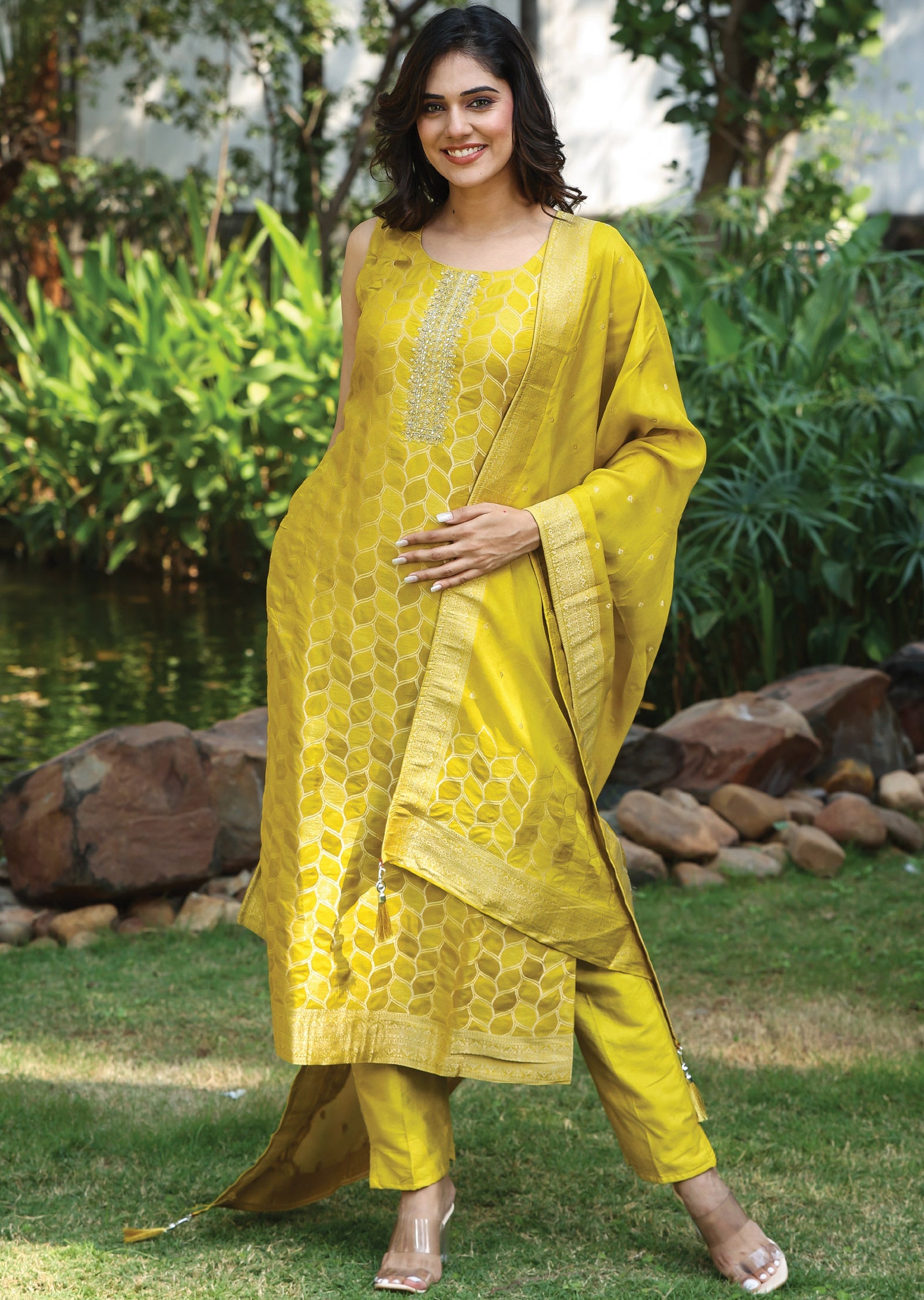 Lime Green Banaras Straight Cut Suit