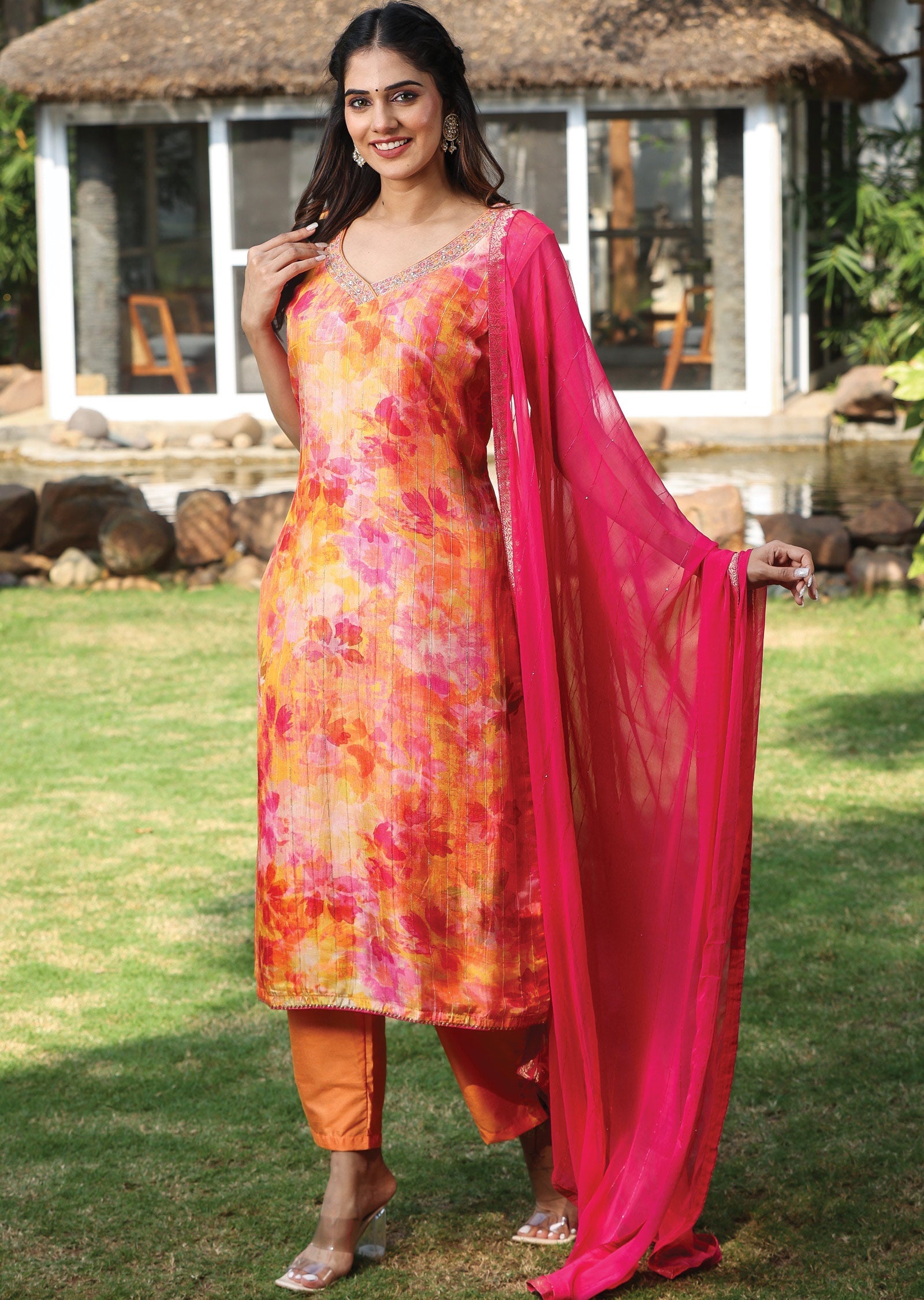 Multi Color Dola Silk Straight Cut Suit