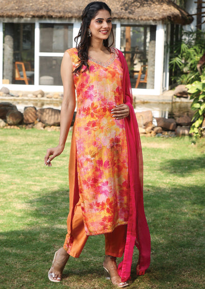 Multi Color Dola Silk Straight Cut Suit