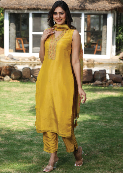 Yellow Tissue Silk Straight Cut Suit