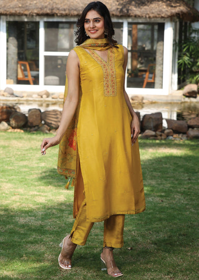 Yellow Tissue Silk Straight Cut Suit