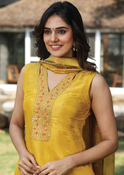 Yellow Tissue Silk Straight Cut Suit