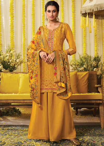 Mustard Banaras Silk Straight Cut Suit