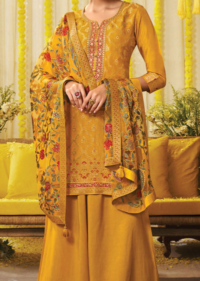 Mustard Banaras Silk Straight Cut Suit