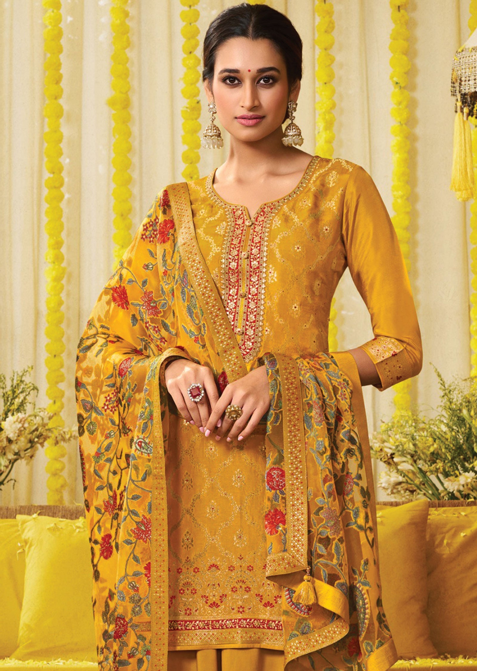 Mustard Banaras Silk Straight Cut Suit