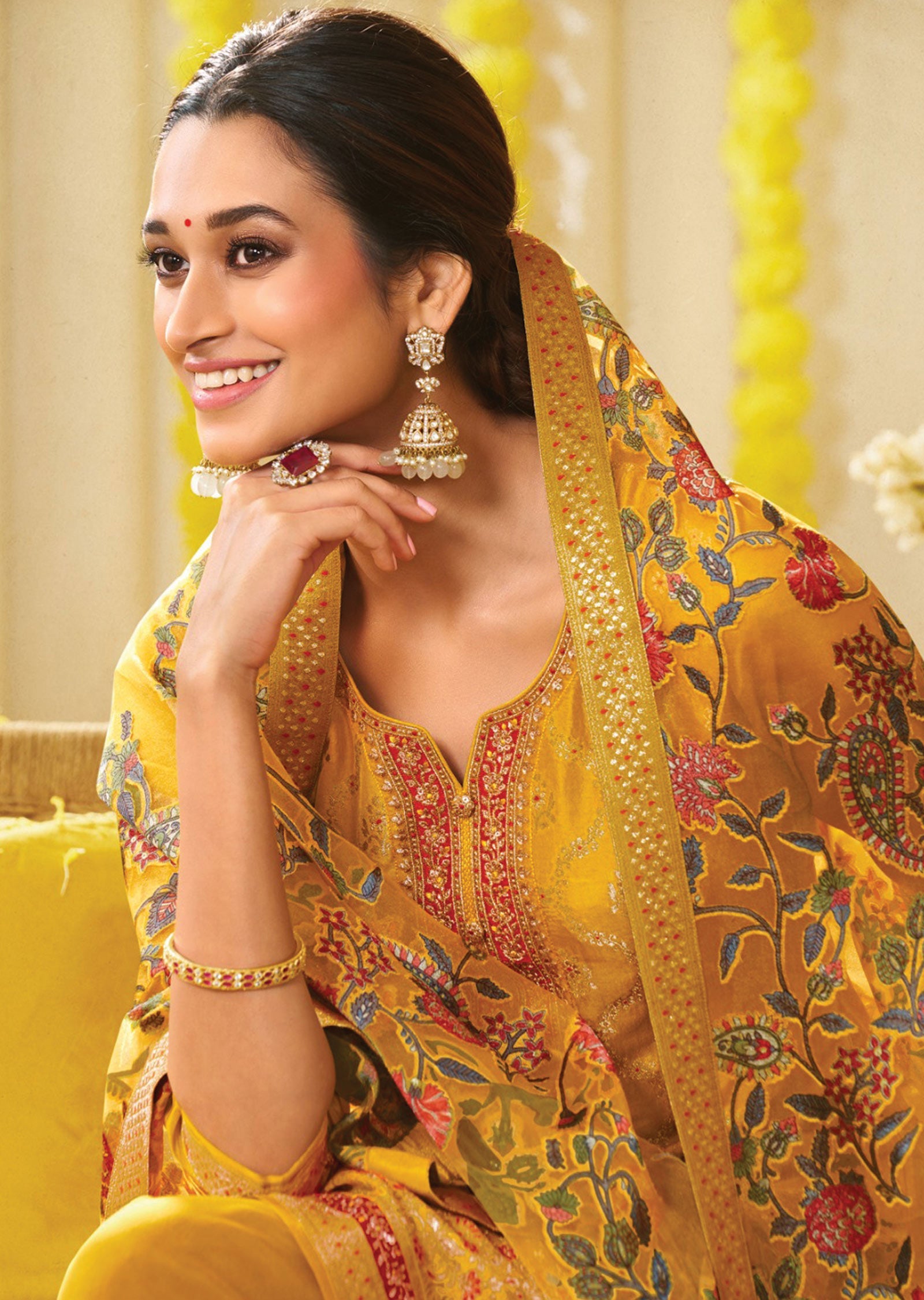 Mustard Banaras Silk Straight Cut Suit