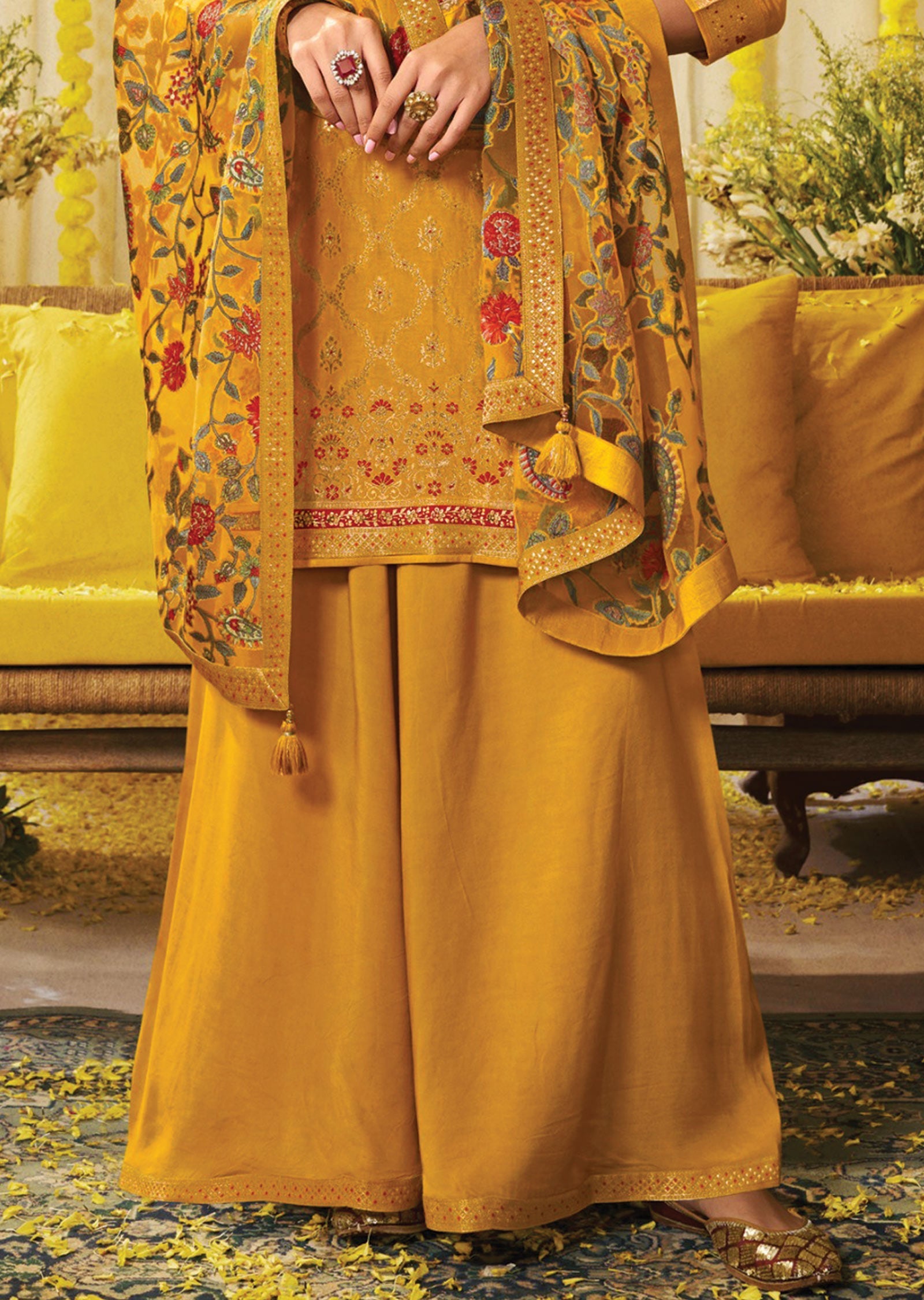 Mustard Banaras Silk Straight Cut Suit