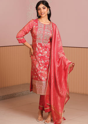 Pink Tissue Banaras Silk Straight Cut Suit