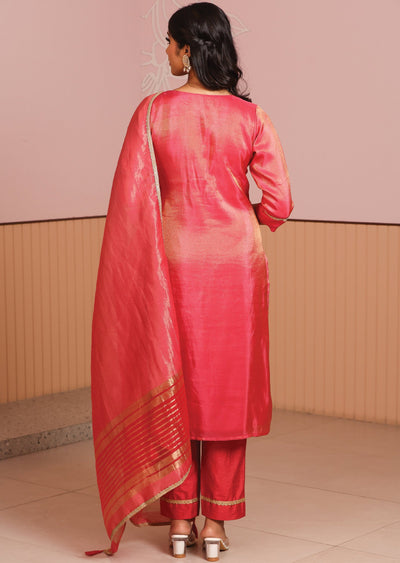 Pink Tissue Banaras Silk Straight Cut Suit