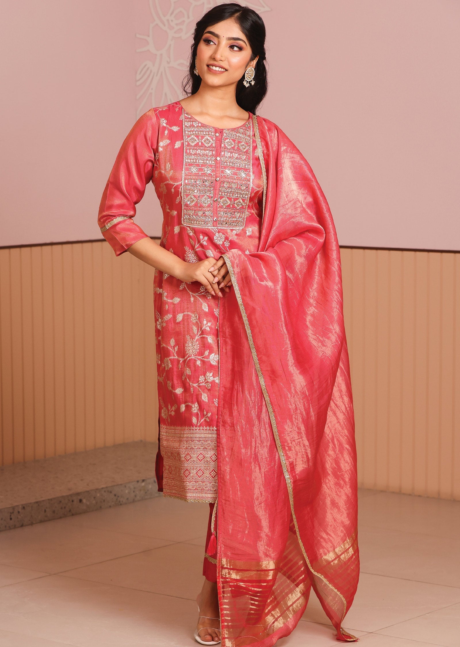 Pink Tissue Banaras Silk Straight Cut Suit