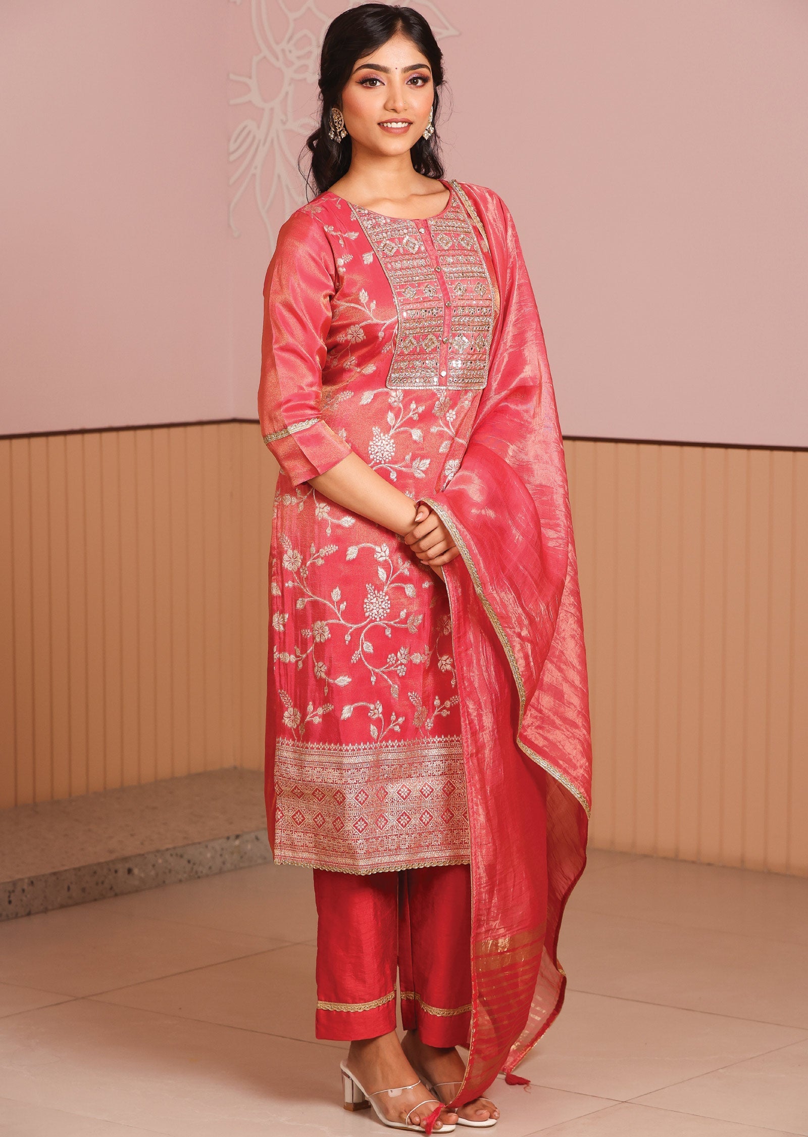 Pink Tissue Banaras Silk Straight Cut Suit