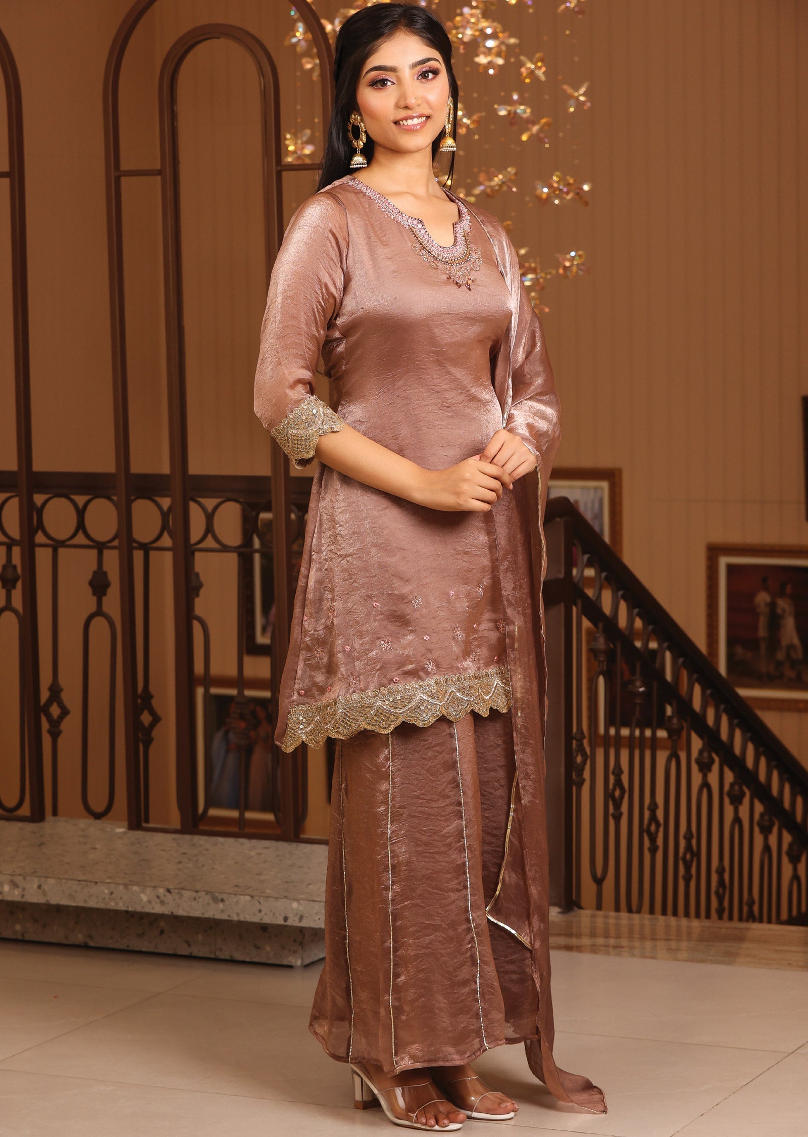 Light Brown Organza Straight Cut Suit