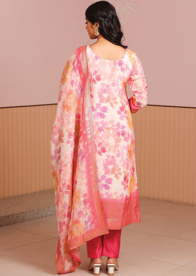 Off White & Pink Banaras Silk Straight Cut Suit