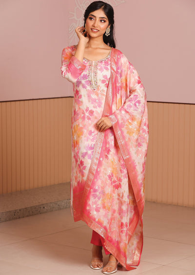 Off White & Pink Banaras Silk Straight Cut Suit