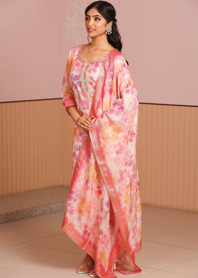 Off White & Pink Banaras Silk Straight Cut Suit